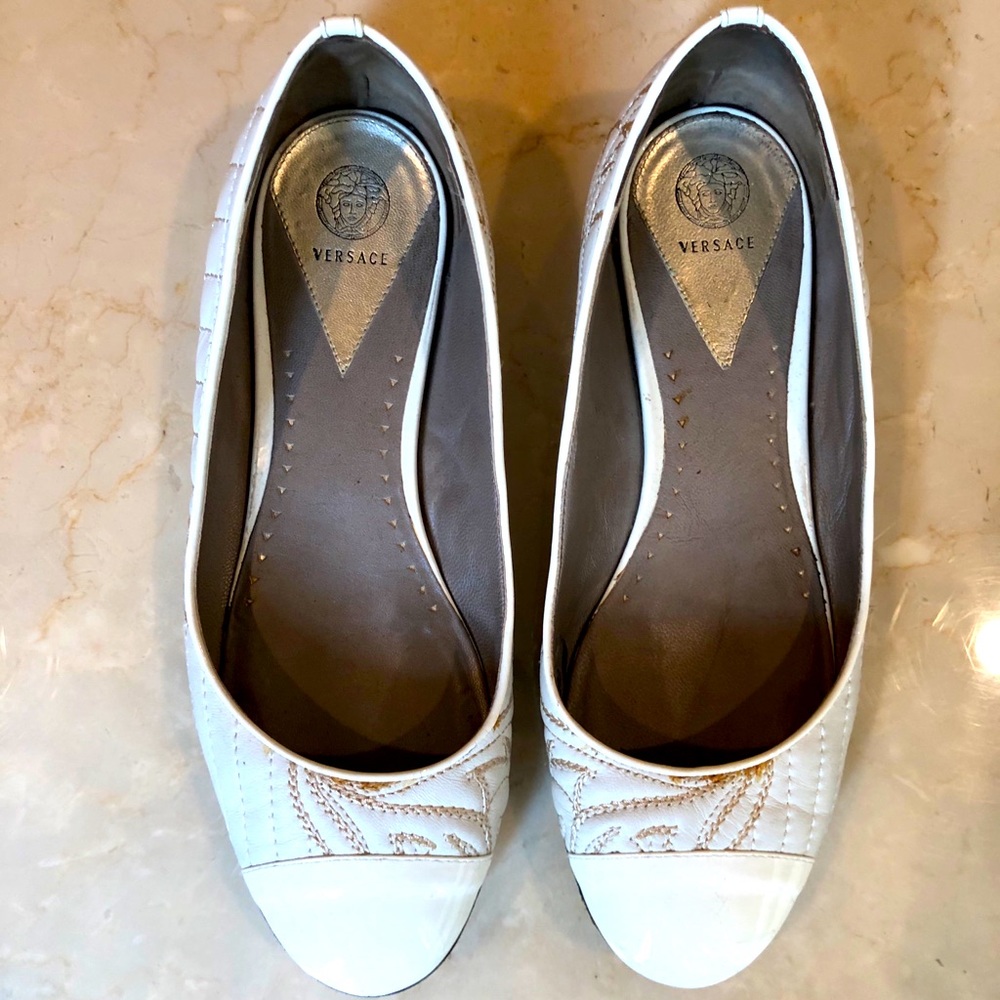 Versace White Embroidered Flats